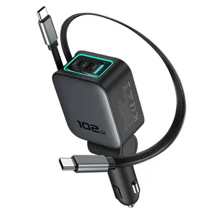 5 in 1 Retractable USB C Car Charger, 102W with Type C PD Retractable Cable Super Fast Charging Charger, Mobile Phone Charger in Car Use