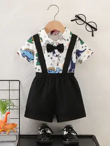 Baby clothes, baby products, Toddler outfit, baby suit set, baby dinosaur print short sleeved+black suspender shorts set, 3D tie+cartoon dinosaur pattern, comfortable, baby boy birthday gift, suitable for family gatherings
