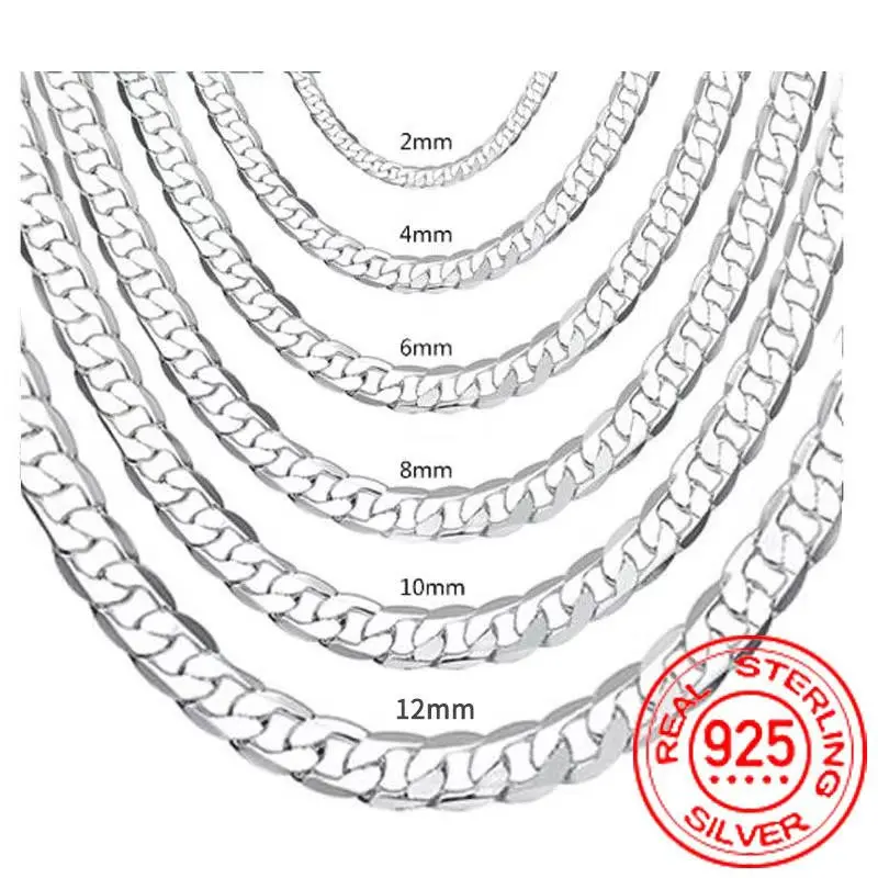 Men's Sterling Silver Necklace 2/4/6/8/10/12MM 40-75cm Face Chain Necklace Lobster Clasp Men And Women Engagement Jewelry