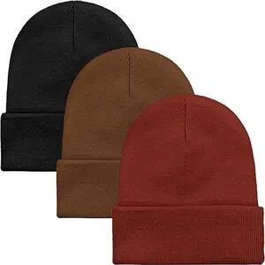 3 Pack Unisex Winter Skull Cap Beanies | Knitted Cuff Roll-Up Edge Hats for Men & Women | Warm Everyday Beanie for Outdoors, Work & Cold Weather