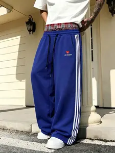 Unisex, Men's and women's streetwear-style retro sporty casual straight-leg pants with side stripe design featuring heart-shaped embroidery patterns, loose fit, casual street style, suitable for young men, can be used as a gift for boyfriend