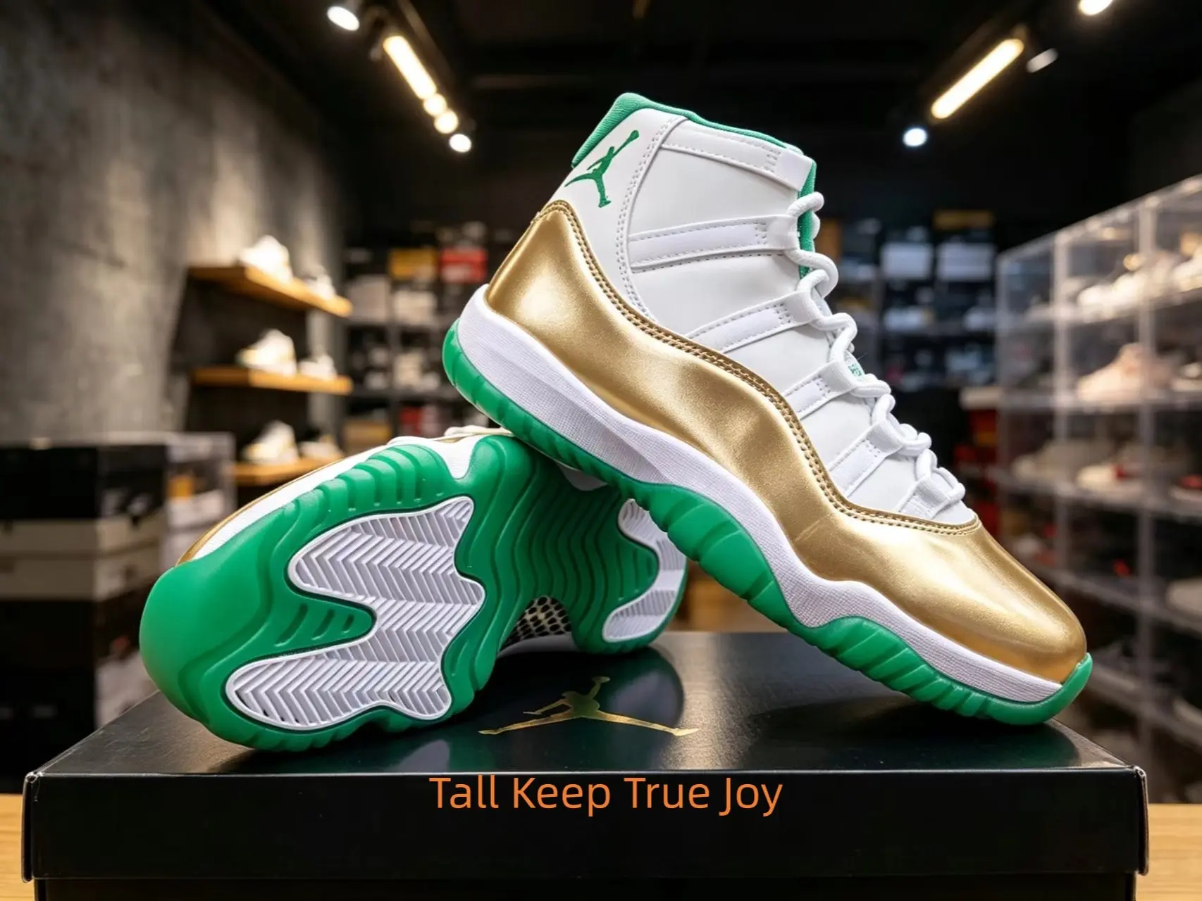 Must-have luxury fashion footwear for street style lovers, clean white upper matched with glossy metallic gold side panel and vibrant green sole to craft gentle yet striking contrasting fashion looks.