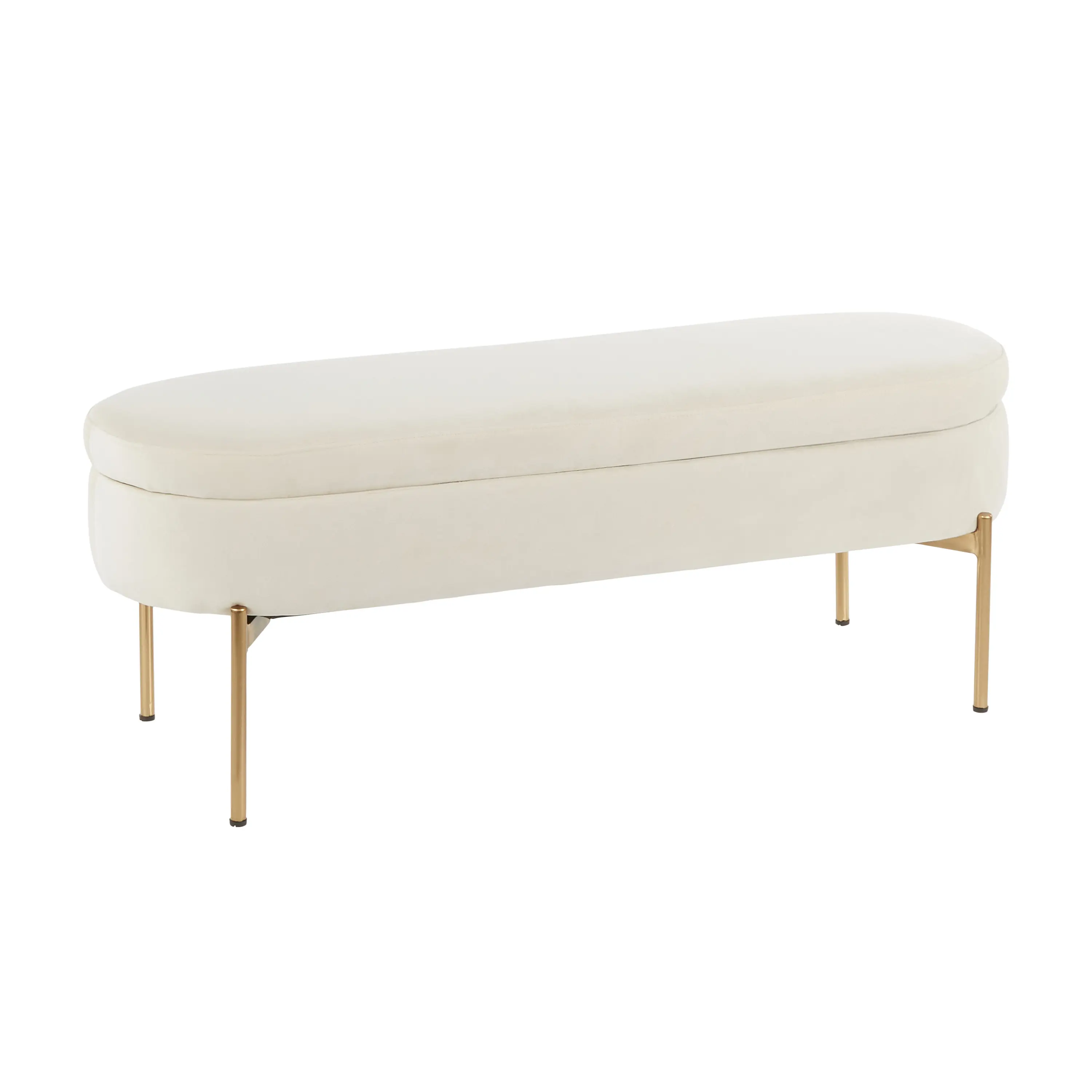 Storage Bench with Cream Velvet Upholstery and Gold Metal Frame, Contemporary Style