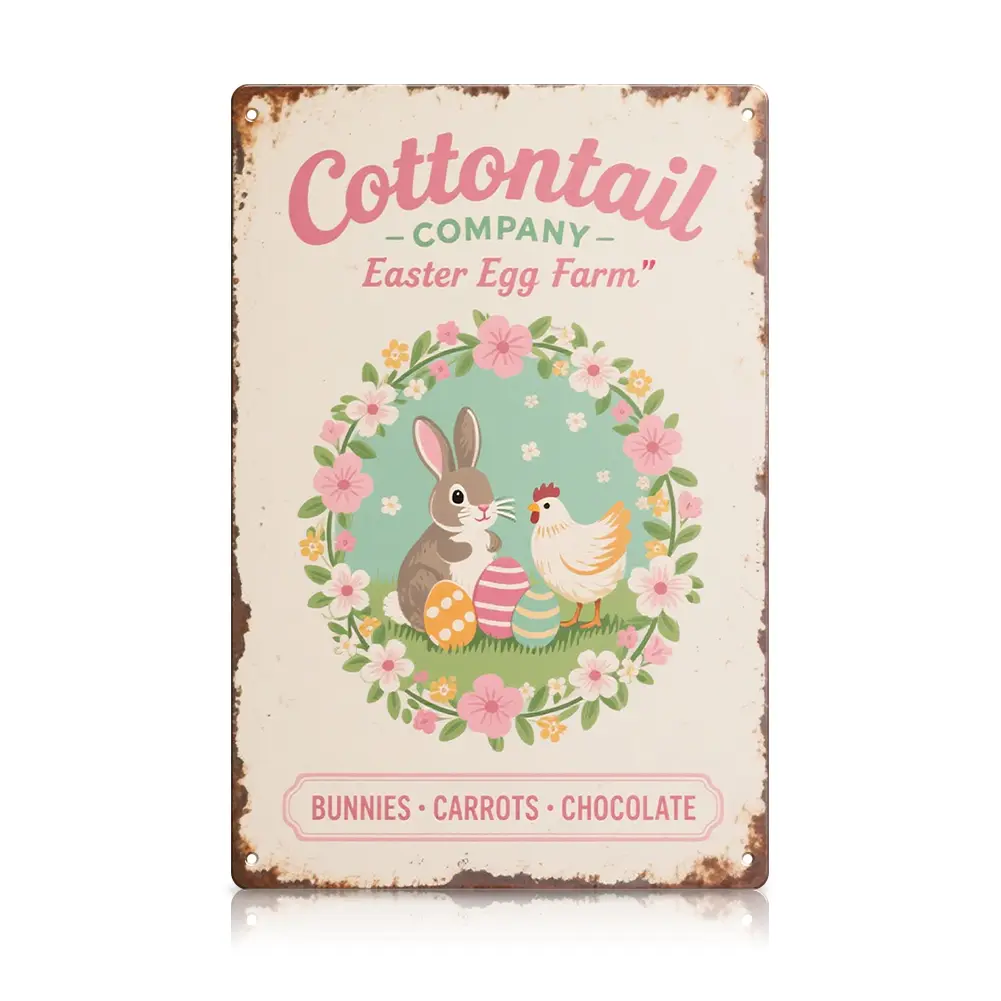 Vintage Easter Bunny Tin Sign - "Cottontail Company Easter Egg Farm" Colorful Print Artwork, Spring Farmhouse Wall Decor, Rabbit & Chicken Floral Plaque for Kitchen & Entryway, Lightweight Hanging Mother’s Day Gift
