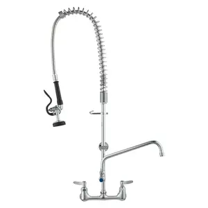 VEVOR Wall-Mounted Brass Kitchen Faucet, 36" Tall, 8" Installation Width, Includes 12" Rotating Spout and Pull-Down Sprayer, Suitable for Single, Double, or Triple Sinks