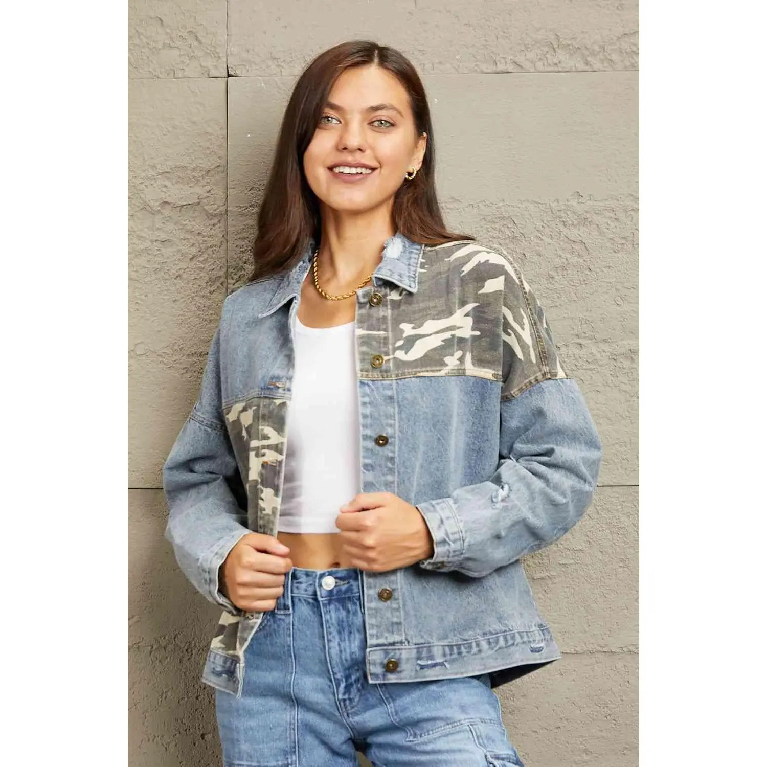 GeeGee Full Size Washed Denim Camo Contrast Jacket Collared Camouflage Womenswear