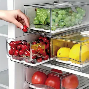 stackable fridge organizer 2 Pack Fruit Storage Containers for Fridge with Drain Board Stackable Refrigerator Organizers Reusable Food Storage BPA-Free PET Plastic Medium & Large Sizes Vegetables Meats