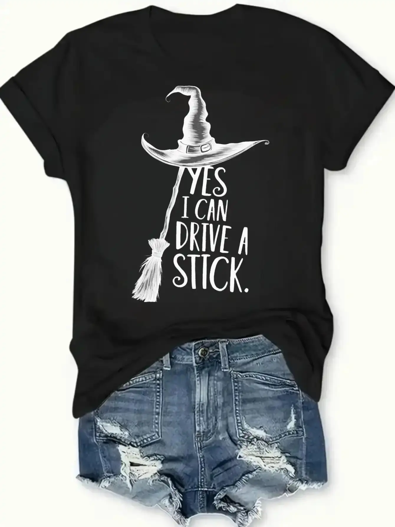 Women's Yes I Can Drive a Stick Witch Graphic T-Shirt, Casual Oversized 100% Cotton Short Sleeve Top for Spring Summer