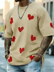 Men's Plus Size Short Sleeve Heart Print T-Shirt Top, Casual Streetwear Menswear and Versatile for Vacation Dining or Daily Dates, Perfect Valentine's Gift for Husband or Boyfriend