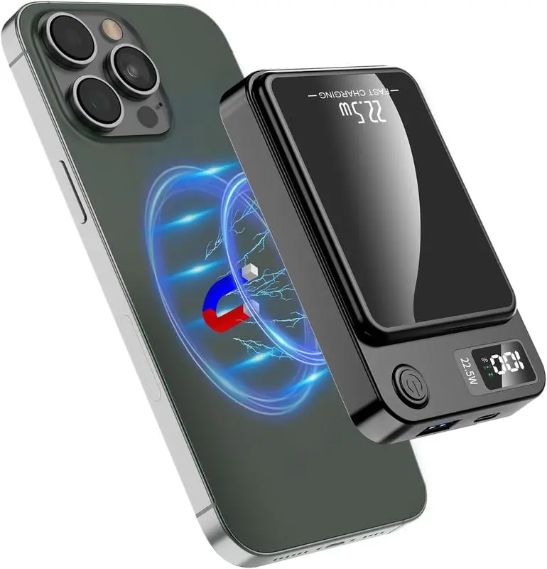 10000 mAh Light & Thin Magnetic Wireless Power Bank - Digital Display, Quick Charge 2.0, Compact Portable Charger for iPhone & Android Phones (Magnet Power Banks, Wireless Charging Support), Mobile, High Capacity Battery