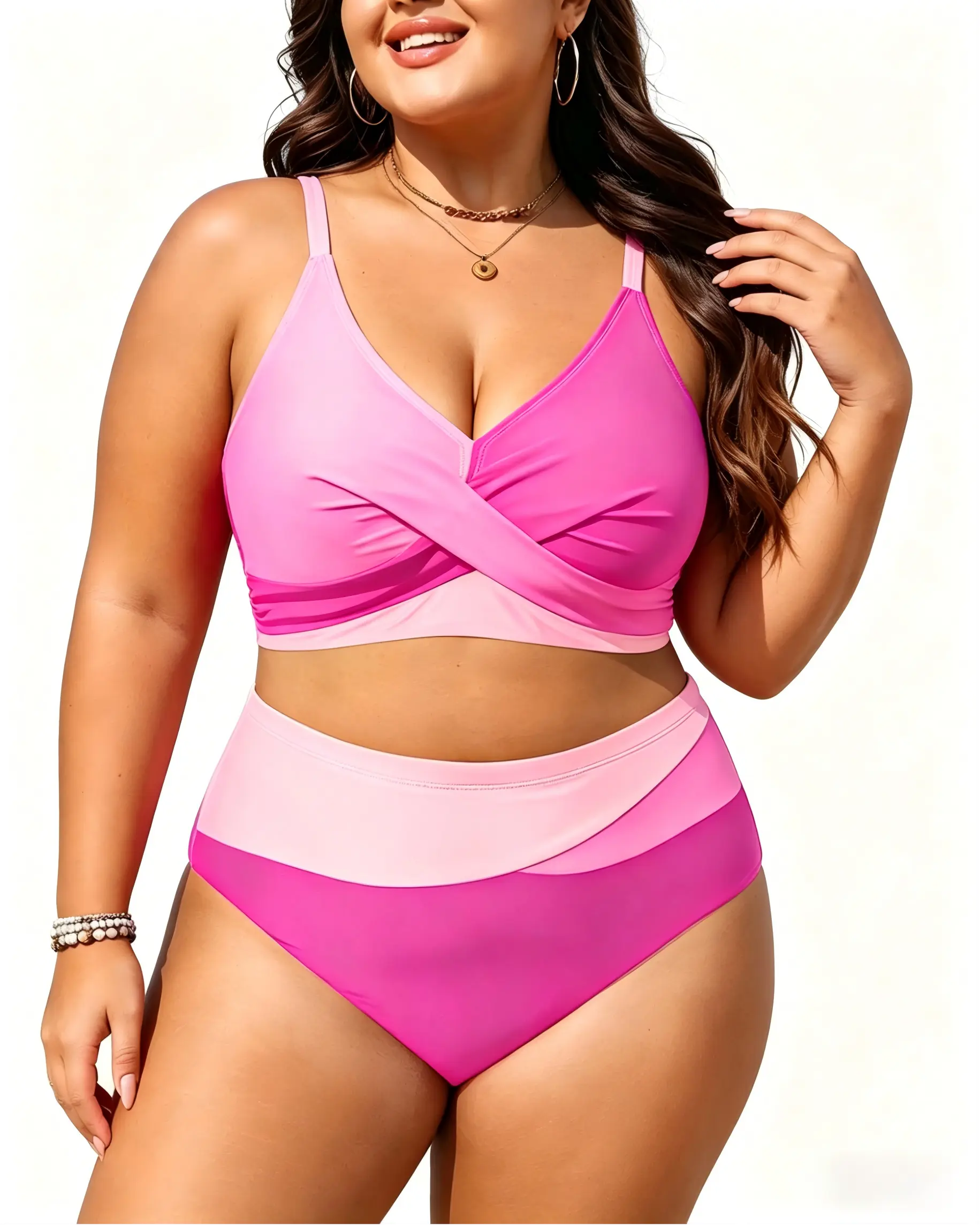 Women's Plus Size Wrapped Bikini Set - 2-Piece Colorblock Swim Top with Adjustable Straps, Twist Front Crisscross Tummy Control Thong Bathing Suit for Sports, Outdoor Use, Swim Bottom Set, Stretch, Tummy Control Swimwear, Abdominal Control Bikinis Set