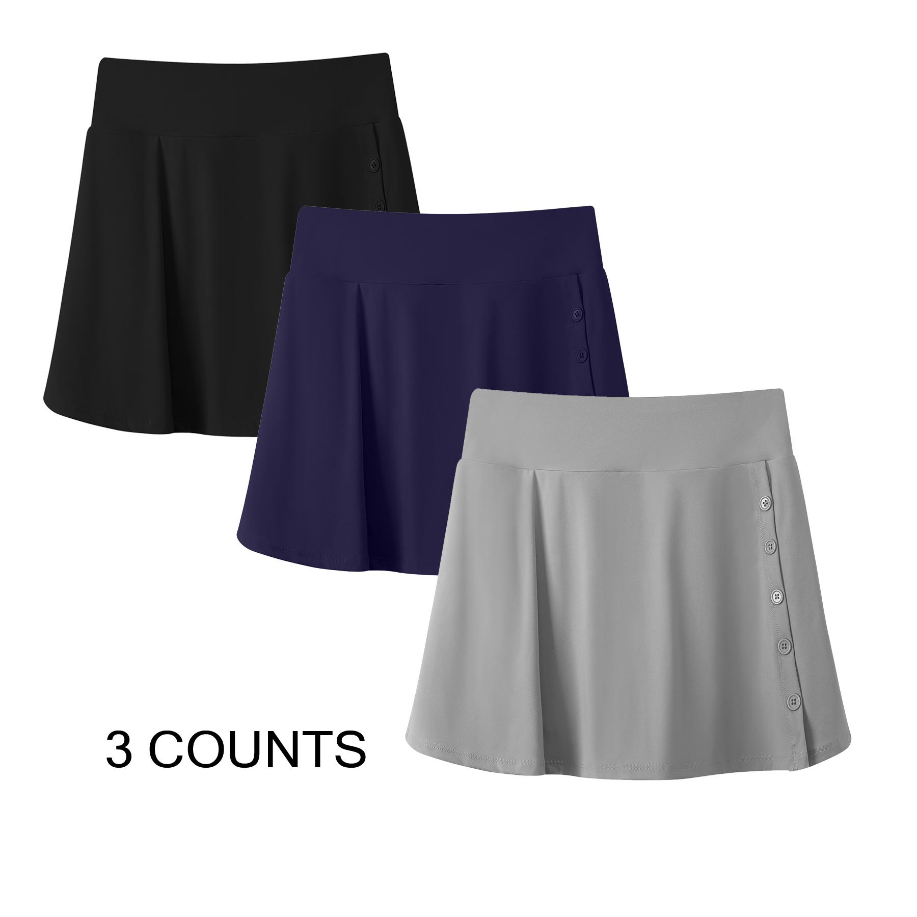 3-Piece  /3-Pcs Women's Plain High Waist Button Front Sports Skort, Casual Pocket Design Skort for Gym Yoga Running Workout, Ladies Gym Shorts Sportswear for All Seasons