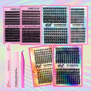 PURELEOR Cluster Lashes Kit DIY at Home False Eyelashes Individual Lash Clusters 10-16mm D-Curl Eyelash Extensions Volume Cat Manga Eyes Style Natural Look Soft Gift for Valentine's Day Lover
