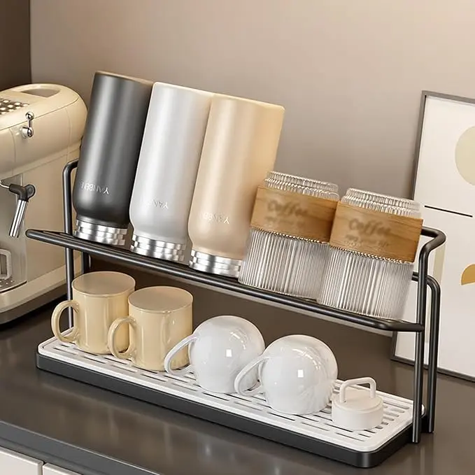 Stainless Steel Double-Tier Kitchen Worktop Cup Drying Rack Organiser, Kitchen Accessories for Cup Storage (Oval Shape), Includes Drainage Tray & Cleaning Brush Set (Black)