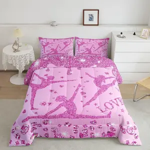Feelyou Gymnastics Comforter Set - Pink Sequins Diamond, Love Hearts Stars Quilt Duvet Insert, Soft, Decorative Bedroom Bedding for Gymnastics Lovers, Bedroom Bedding Set, Decorative Bedding Set