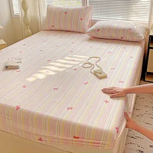 Double Layer Sheer Bedding Set, Includes 1 Fitted Sheet & 2 Pillowcases, Striped Bow Design, Soft Breathable, Breathable Sheets, Bed Sheet Sets, Bed Linens