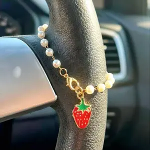 Strawberry Beaded Car Steering Wheel Pendant Jewelry Accessory, Unique Fashion Gift for Women, Automotive Decorative Charm