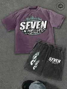 Oversized Vintage Washed 2-Piece Tracksuit Unisex Y2K Grunge "SEVEN" Flame Print Tee & Shorts Set Black Casual Streetwear Outfit for Lounge Gym Daily Wear Clothes