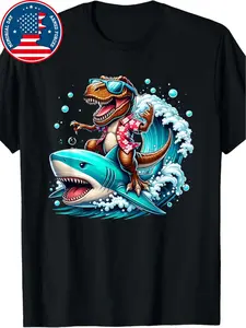 Men'S Black Cotton T-Shirt with Vibrant Dinosaur Surfing Graphic - Casual Crew Neck, Short Sleeve, Regular Fit, All-Season Comfort, Dinosaur Clothes, Dinosaur Print Shirt, Casual Style, Comfortable Fit