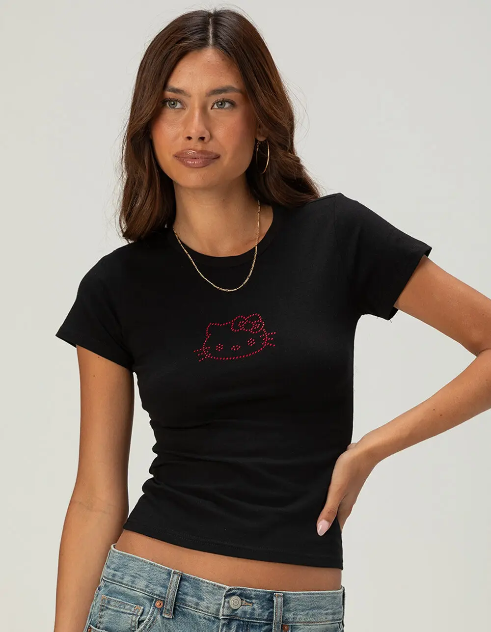 HELLO KITTY Womens Rhinestone Baby Tee HELLO KITTY Womens Rhinestone Baby Tee