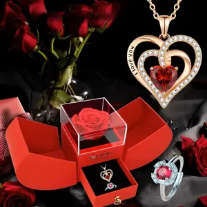 Double-layered Heart-shaped Pendant Necklace & Ring Set with Eternal Rose Gift Box & Greeting Card Perfect for Valentine's Day Birthdays Mother's Day Ideal for Girlfriend Best Friend Grandmother or Special Person