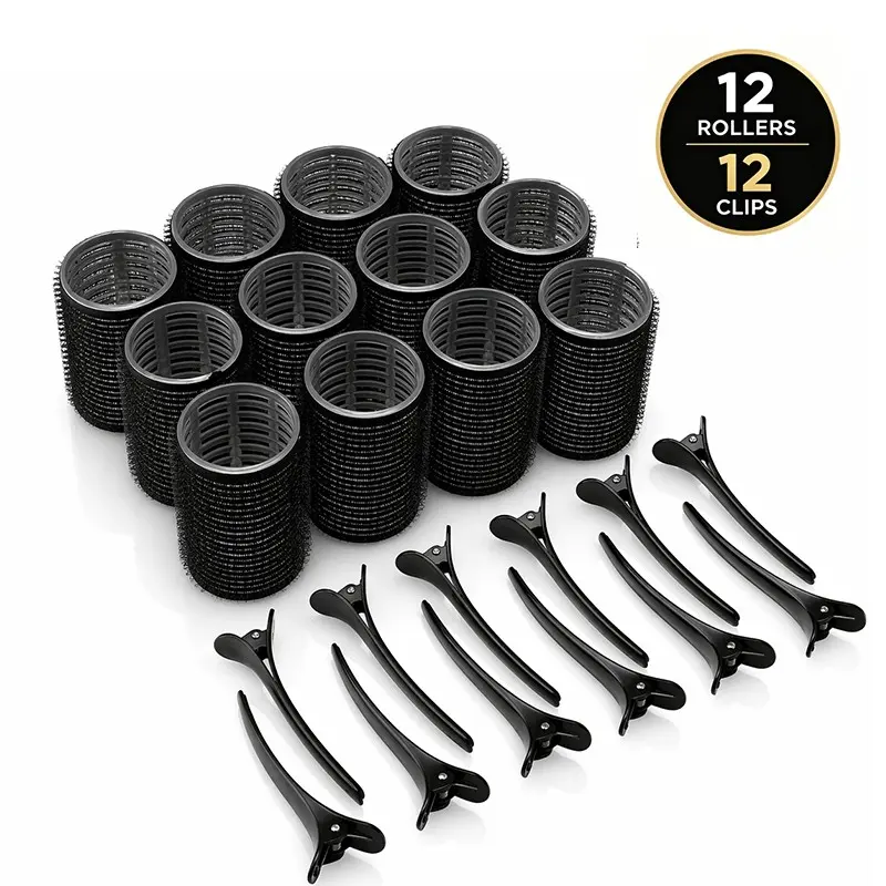 12 Magic Tape Curlers with Clips, Women's No Heat Self-Adhesive Hair Rollers, Professional Wave & Curl Hairstyling Tools, Heatless Curlers