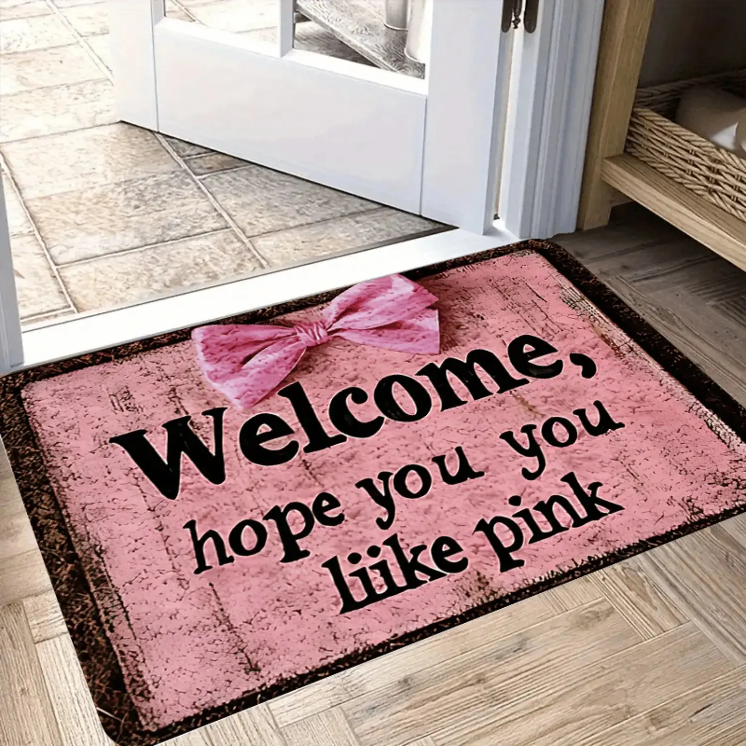 Customised Distressed Vintage Pink Textured Base Diatomite Doormat with Cute Pink Bow, Soft Absorbent, 100% Non-Slip Rubber Backing, Quick-Dry, Fade Resistant, Housewarming Gift for Entryway, Front Door Decor (Letters Compatible), Letter Print, Multi-Size