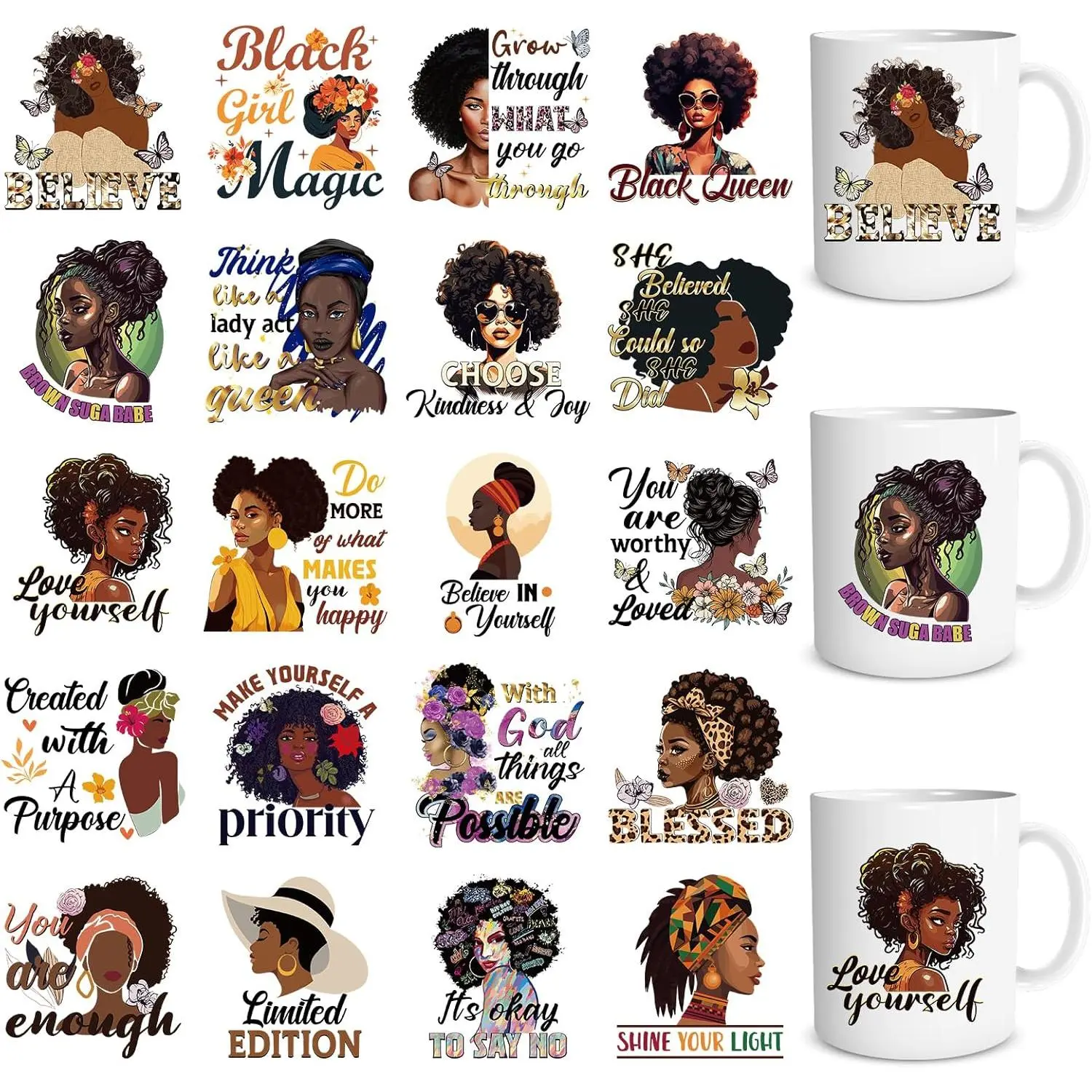 UV DTF Cup Wrap - 20 Sheets   Women UV DTF Cup Wraps for 16 OZ Black Women UVDTF Cup Wraps Affirmation  UV DTF Transfer Stickers for Glass Cup Mug  DIY Crafts