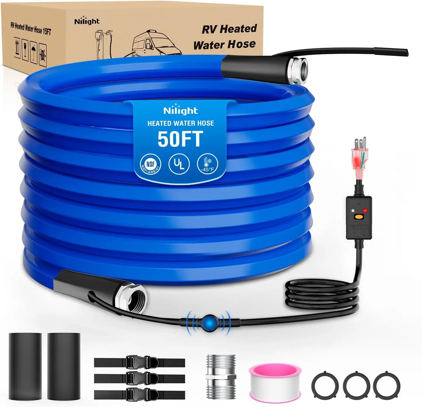 Nilight 50FT Heated Water Hose for RV Camping, 5/8” ID, -45°F Freeze Guard, Aluminum Fittings, Energy-Saving Thermostatic, Smart Heat System, GFCI Safety, NSF Certified, Leakage Defense, Antifreeze Drinking Winter Camper Accessory Hose, Gardening, 25Ft, 5
