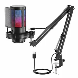 Professional USB Gaming Audio Microphone Kit, Podcast Condenser Mic with Boom Arm, Flexible Positioning and RGB Light, Plug&Play Microphones for Streaming, PC, Computer