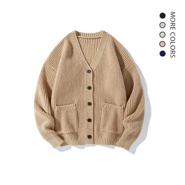#Springfresh Men's Beige V-Neck Shawl Collar Button-Front Loose Fit Chunky Knit Cardigan Sweater with Pockets, Long Sleeve Tops for Fall-Winter Casual Wear, Male Clothing Layer, Elegant Medium Size Menswear Outfits