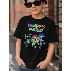 Young Boy's Dandy's World Cartoon Theme Funny MEME Graphic Cotton T-Shirt For Young Boys, Black 100% Cotton T-shirts With Dandy's World Cartoon Theme Stranger Style Up Side Down Things/67 MEME Shirt, Funny MEME 67 Tween Boy T-shirt, Mike, Lucas, Eleven, D
