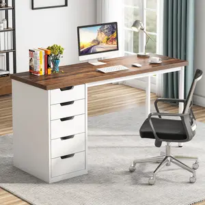 LITTLE TREE Computer Desk with 5 Drawers, 47 inches Rustic Brown Home Office Desk with Storage, Modern Simple Laptop Desk Study Writing Table for Small Spaces (Reversible Drawer Cabinet)