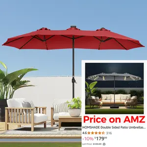 【Oversized】13ft-15ft Solar light Double Sided Umbrellas Solar Lights Outdoor Extra Large Market Table Umbrella with Base Included, Oversized Umbrella for Deck, Pool, Backyard Offset Parasol Offset Patio Parasol Sunshade Canopy