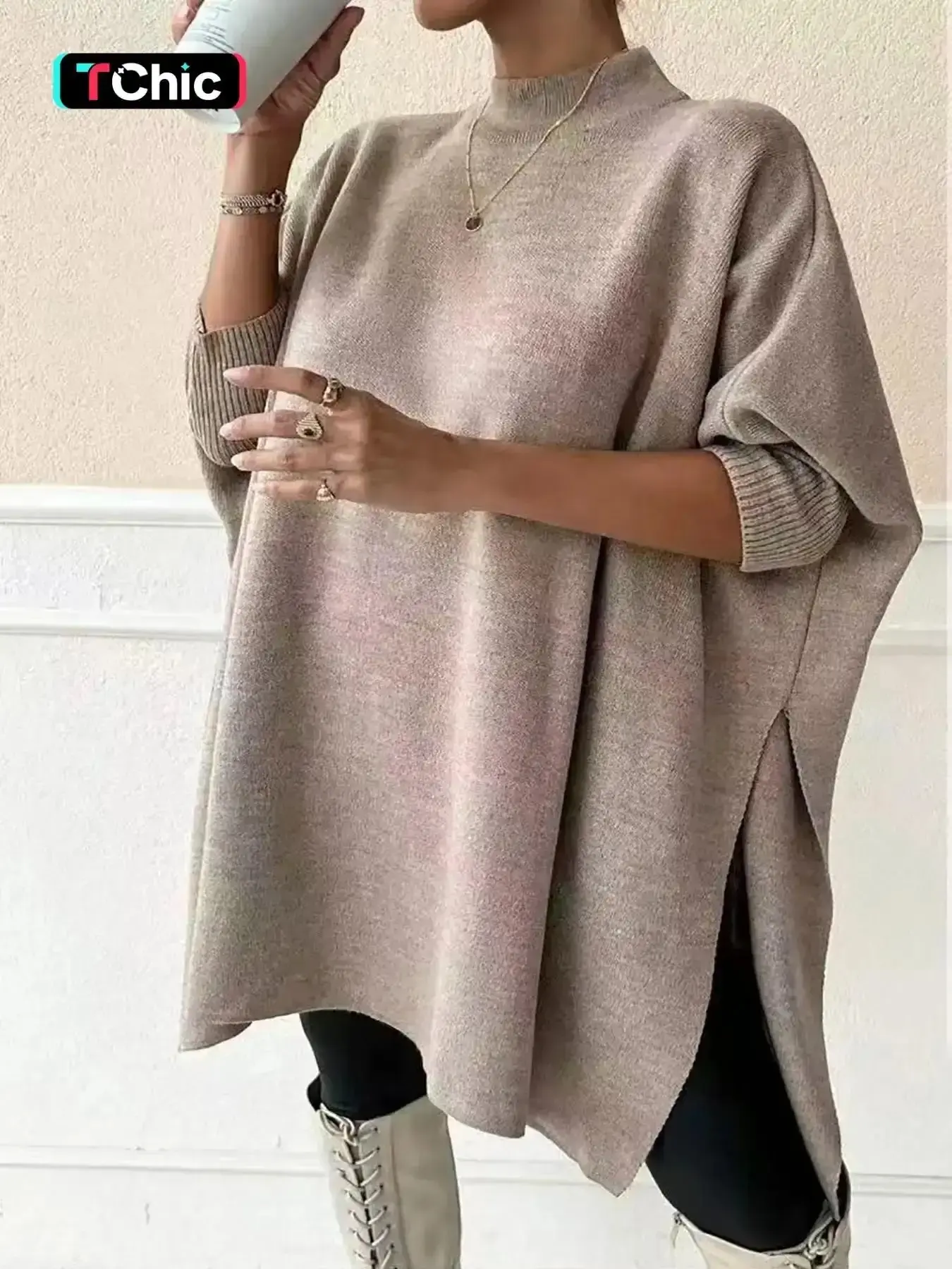 Women's Cape Sweater Knitwear Top, Fall Winter New Arrival, Unique Design Scarf Shirt, Loose Baggy Solid Color Elegant Split Knit Top, Casual Comfortable