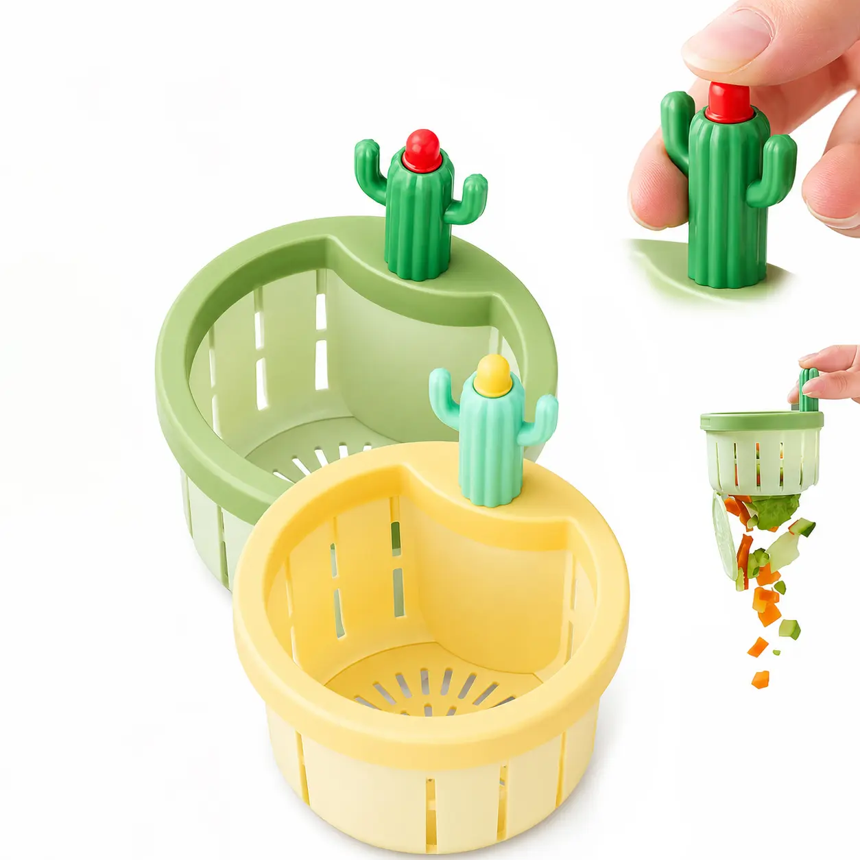 Sturdy Cactus Kitchen Sink Filter Basket, Cute Automatic Press-Dumping Strainer, Versatile Drain Filter for Kitchen & Bathroom, Green & Yellow