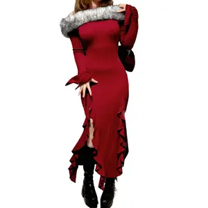 ALIELNOSIRRAH 'Midnight' Burgundy Off Shoulder Bodycon Maxi Dress Long Sleeve Slit Elegant Date Night Dress