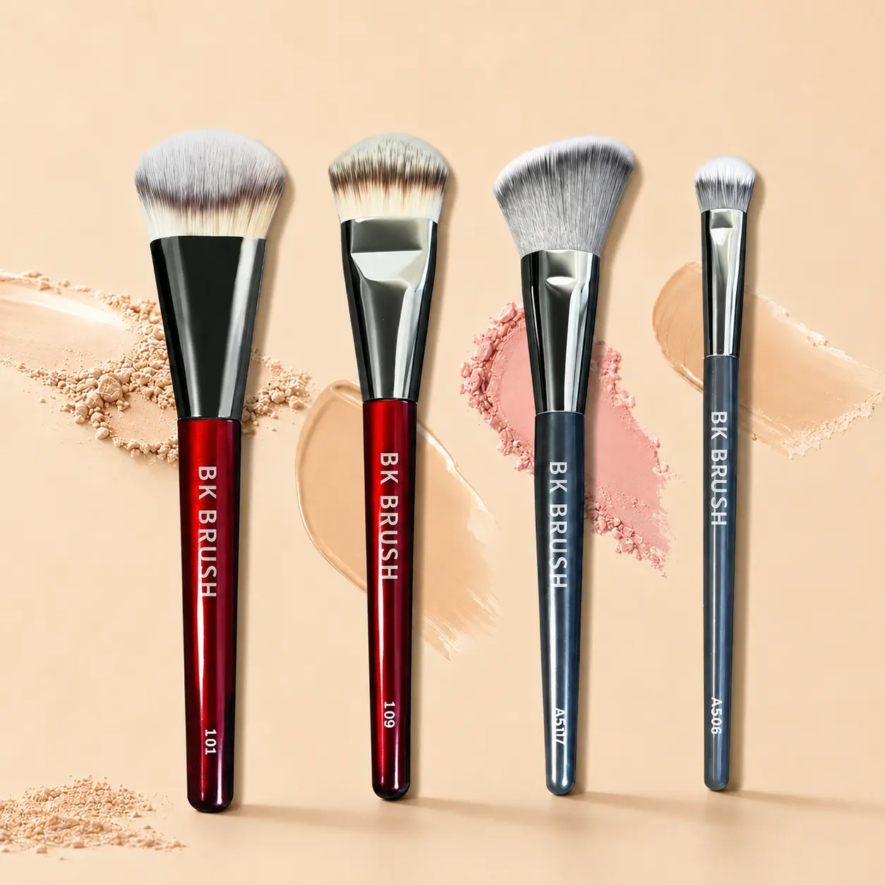 4-Piece Deluxe Contoured Foundation Brush Set by BK Brush, Oval Face Makeup Brushes with Soft Vegan Fibers for Powder, Liquid & Cream Makeup, Suitable for All Skin Types