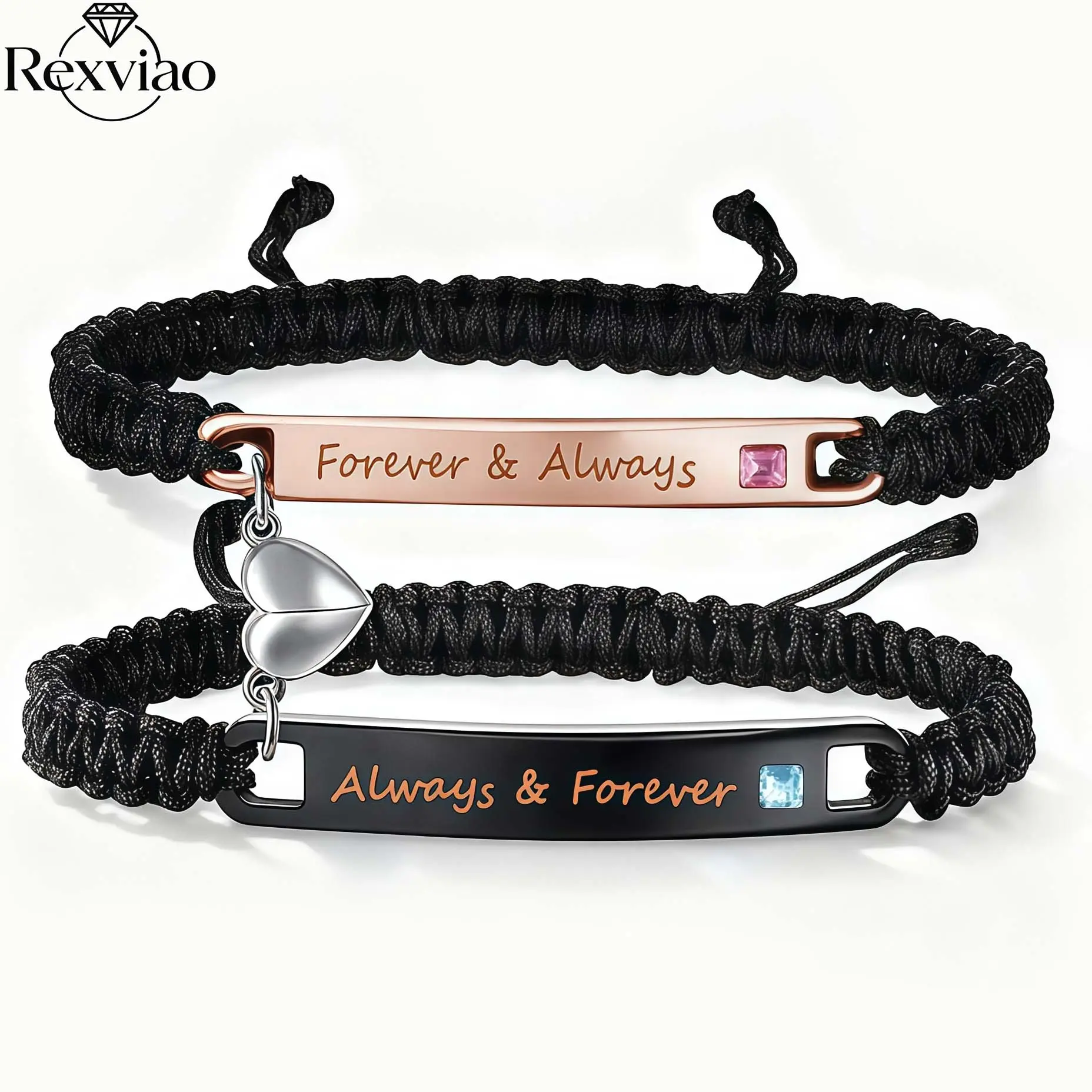 Rexviao 2-Piece Unisex Couple's Bracelets, Casual Woven Rope Bangle with Titanium Steel Split Hearts Magnetic Clasp, Everyday Promise Jewelry, All Seasons, Two-Pieces