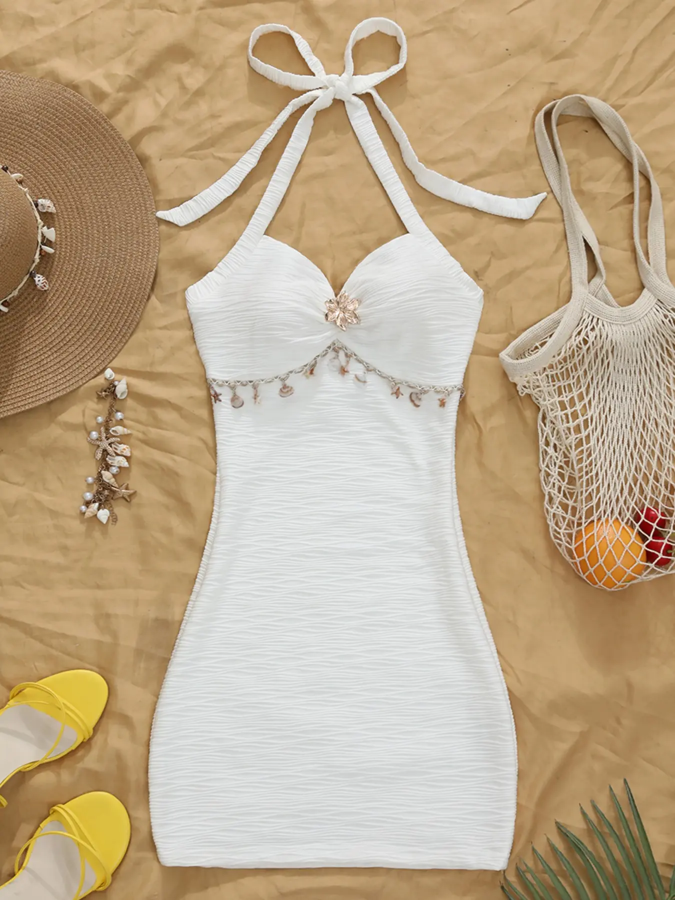 Women's Summer Textured Halter V-Neck Sleeveless Bodycon Sundress Starfish Shell Decor Beach Dress, Stylish Casual Wear Vacation, Comfortable & Chic