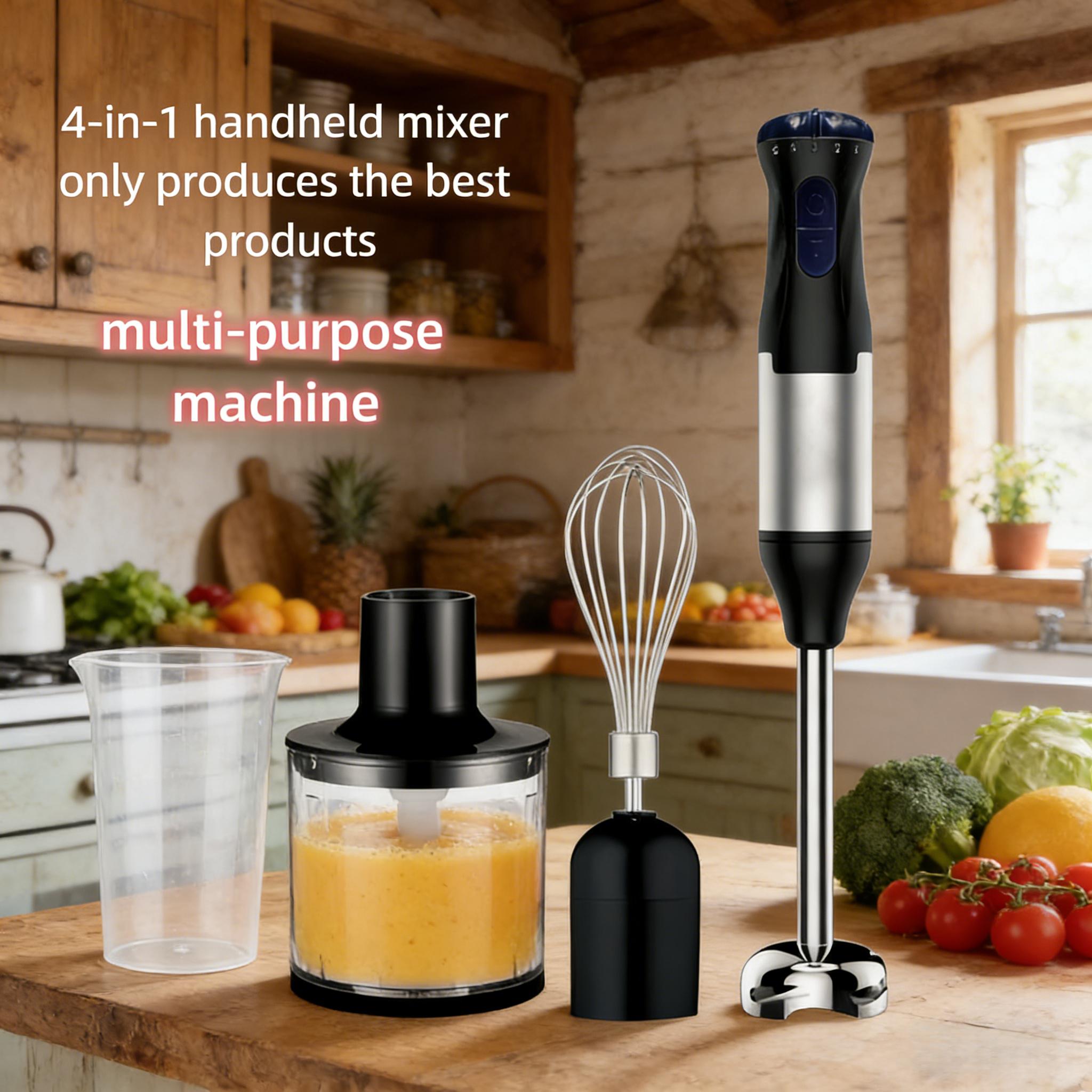 700W Immersion Blender Handheld Four in One Blender Rod, Used for Crushing Ice Sand, Baby Food, Soup, Manual Blender Turbocharged Stainless Steel Blades, Comes with Whiskey, Chopper, and Beaker