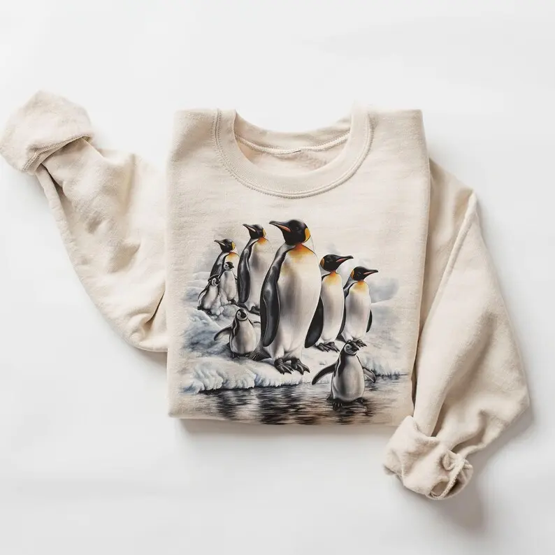 Vintage (Phuhi) Emperor Penguin Colony Sweatshirt - Nineties 90s Vintage Baby Penguins Arctic Sea Ice Scene Outfit - Boho Unisex Adult and Youth T-shirt