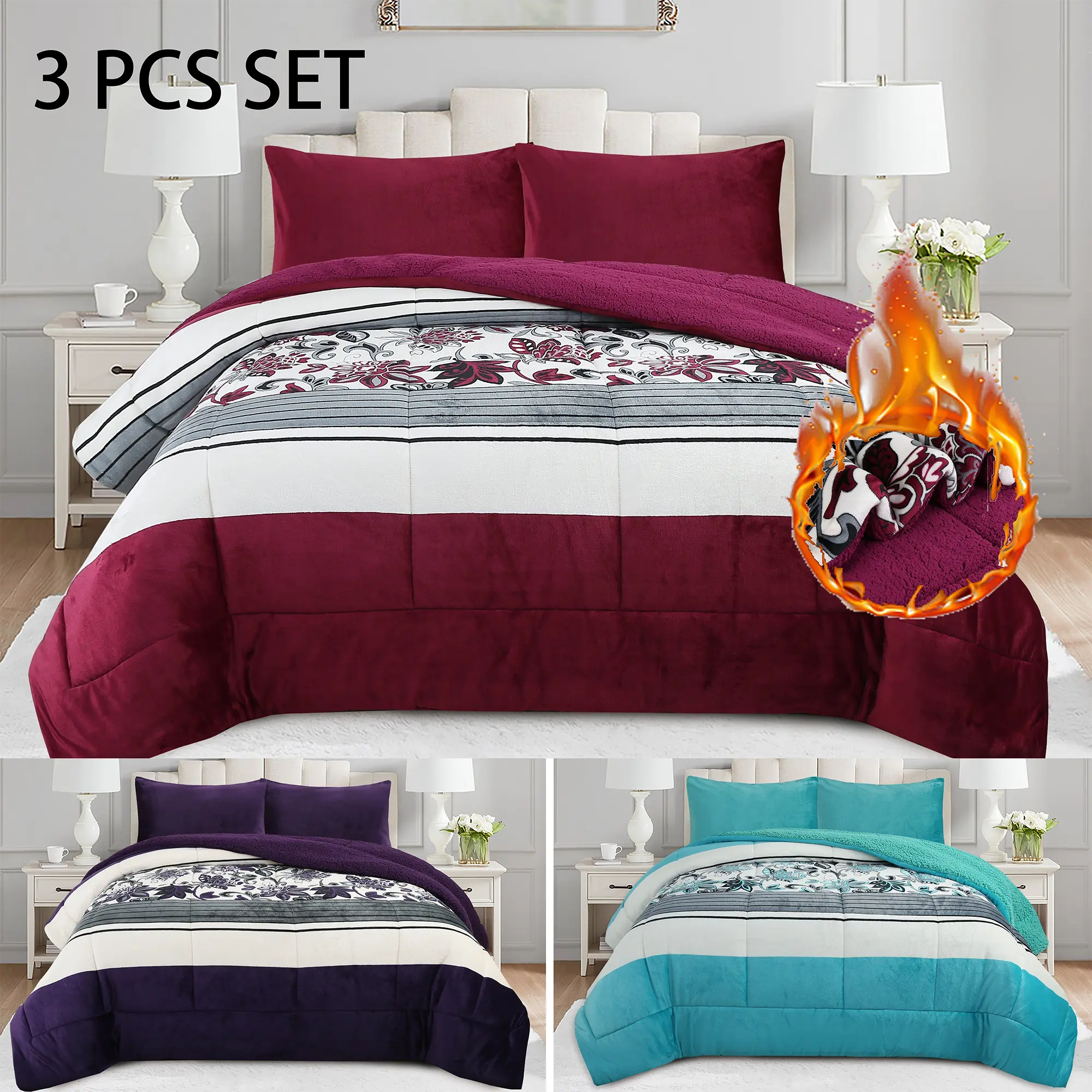 King Soft Bedding Sets - 3PCS Winter Thick Fluffy Flannel Bedding, Cozy Anti-Static Polyester-Plush Micromink Reversible Set with Flat Weave Floral Pattern