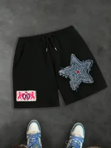 Men's Loose Fit Denim Star Patch Graphic Print Drawstring Shorts, Y2K Street Style Vintage Hip Hop Shorts for Daily Wear