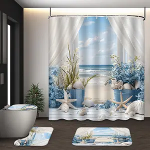 LVRLVR 4Pcs Window View Beach Seashell Blue Hydrangea Coastal Print Fresh Ocean Tone Shower Curtain Set 70.8×70.8 Inch