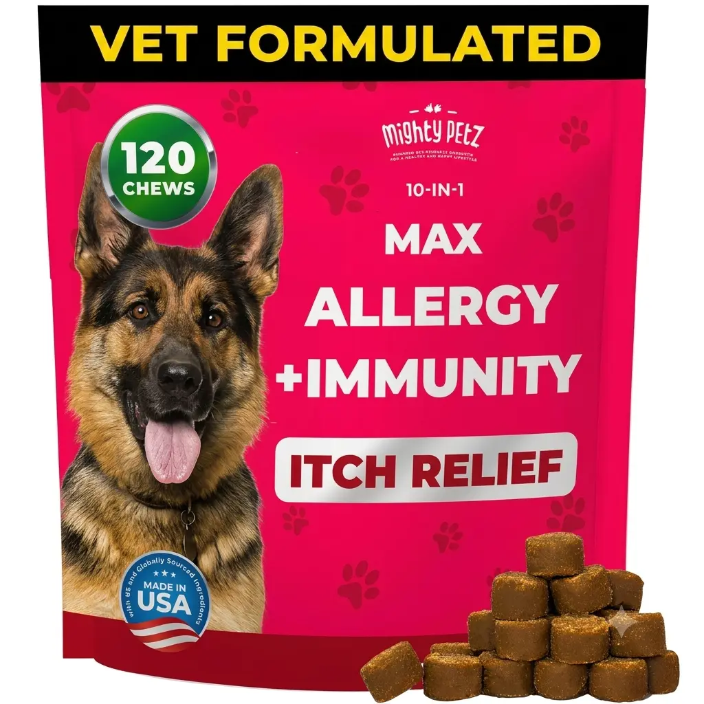 Mighty Petz MAX Dog Allergy & Itch Relief Chews with Colostrum, Probiotics, Plasma & Omega 3 Salmon Oil - 10-in-1 Anti Itch, Immune & Gut Support for Seasonal Allergies, Itching & Paw Licking - 120 Soft Chews, Vet Formulated, Made in USA