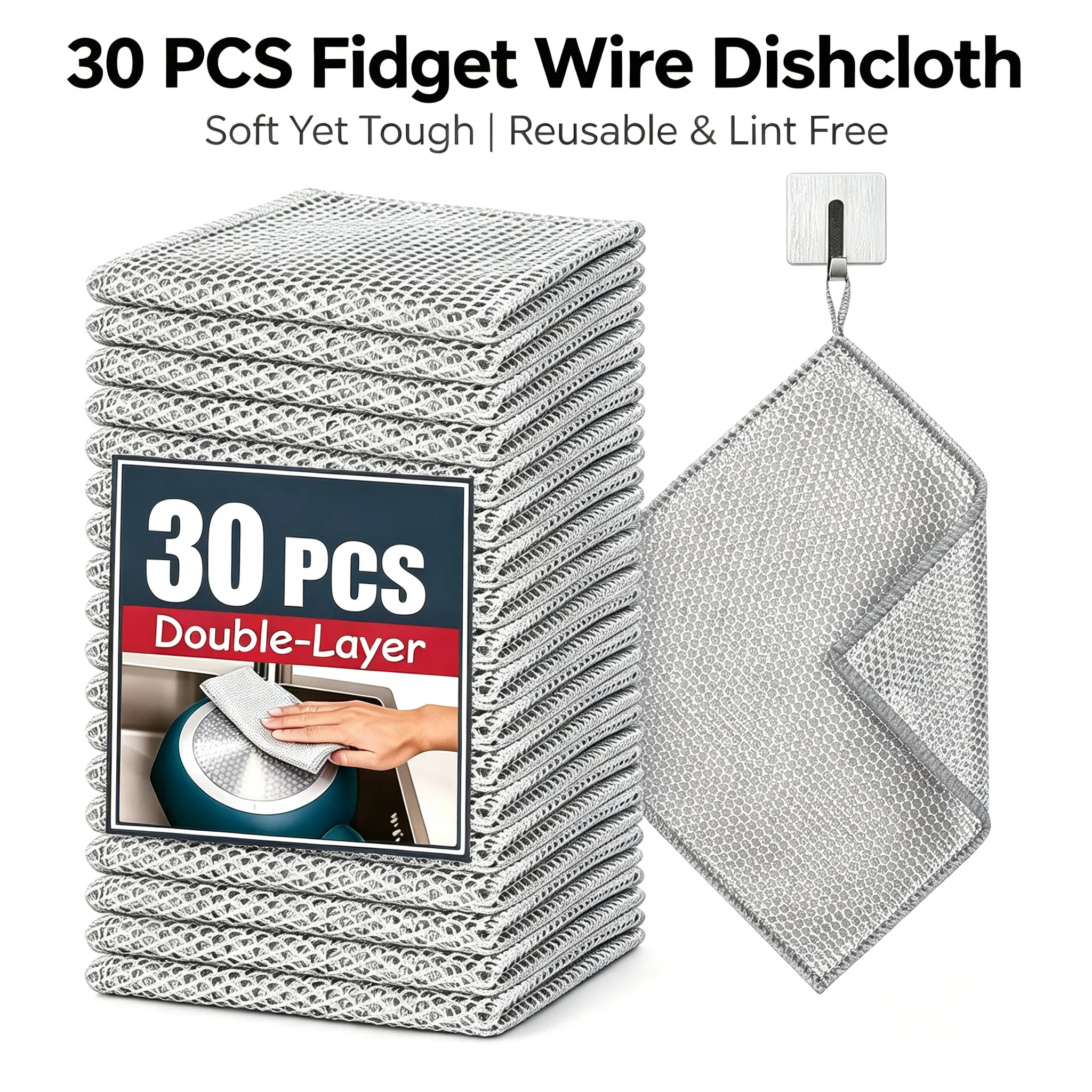 30 PCS Double Layer Wire Dishcloth - Multi-Textured Sensory Fidget Rag, Non-Scratch Reusable Washable Cleaning Mesh Towel for Kitchen Scrubbing & Daily Calming Fidget Hobby (Toys & Hobbies DIY Knitting Crochet Yarn Accessory)