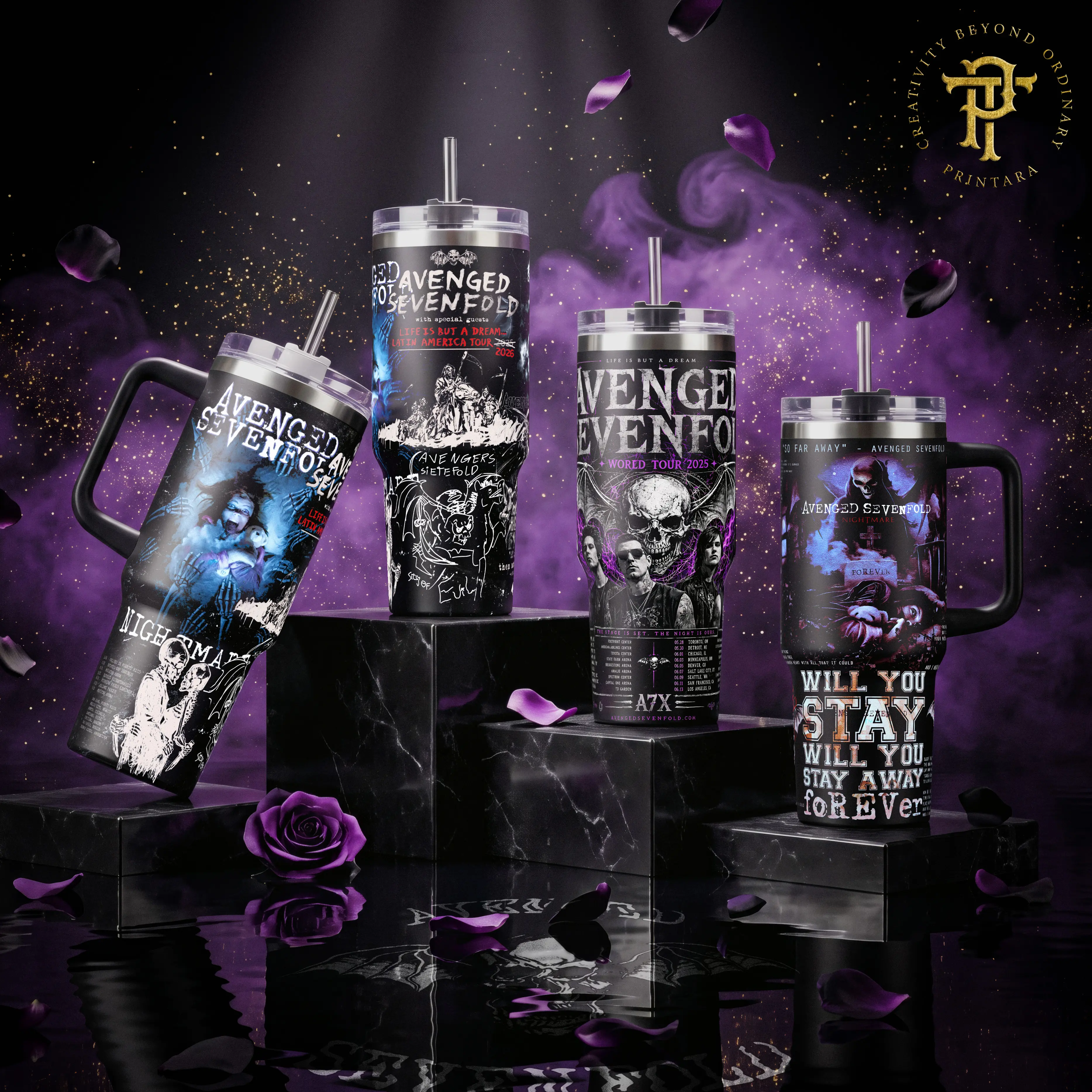 Avenged Sevenfold Nightmare Life But A Dream So Far Away World Tour A7X Stainless Steel Vacuum Insulated Tumbler - 20oz, 40oz, Classic Rock Band Art, Rock Band Merch, Aesthetic Design, Gift Ideas for Music Fans