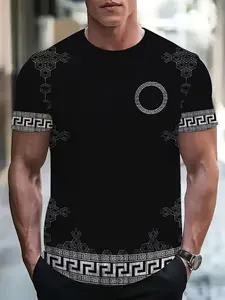 Men's Washable Urban Style Shirt, Greek Key Design, Comfortable Daily Wear, Fashion Full Print, Loose Fit, Casual Round Neck, Short Sleeve