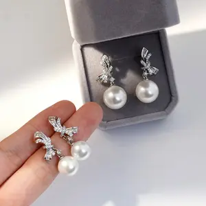 2026 New Arrival Full Zircon Bow Round Mother of Pearl Drop Earrings Luxury Gift for Women shell pearl